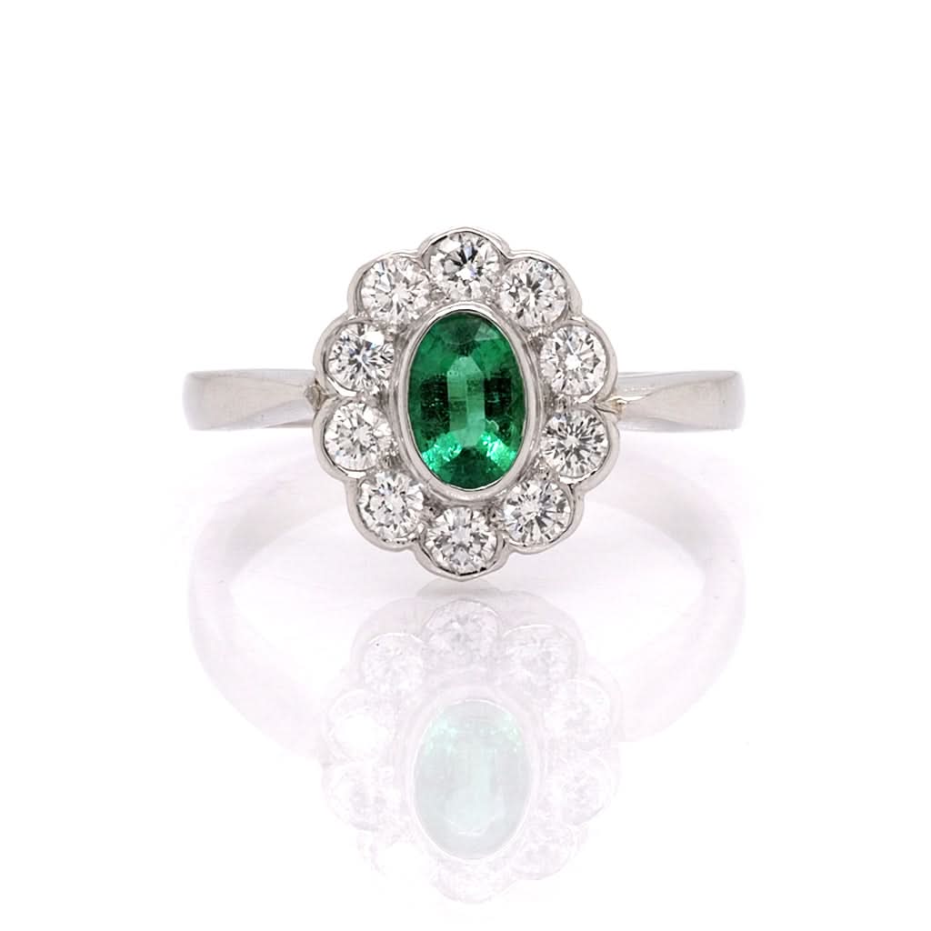 Jewellery Platinum, Oval Emerald and Diamond Cluster Ring, emerald 0.37cts, diamond 0.40cts