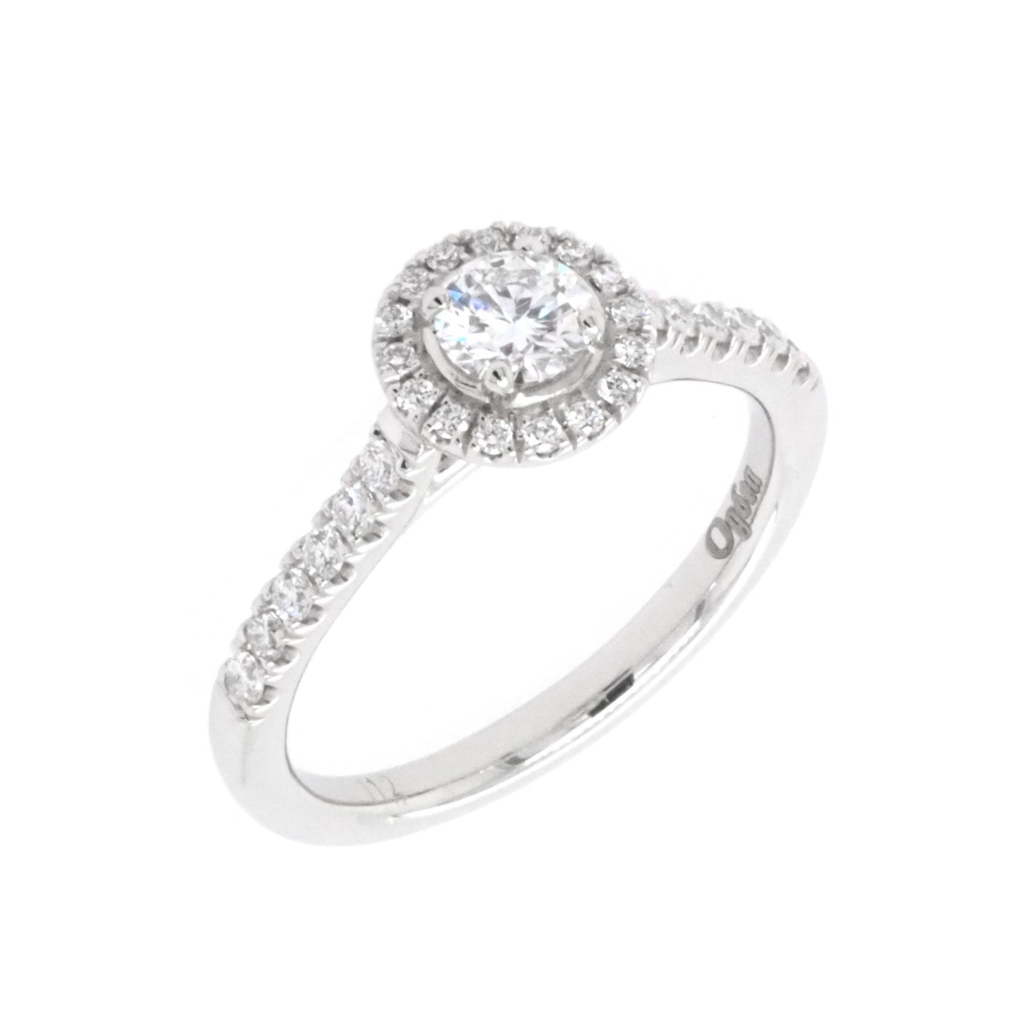A brilliant cut diamond halo cluster ring in platinum with diamond set shoulders