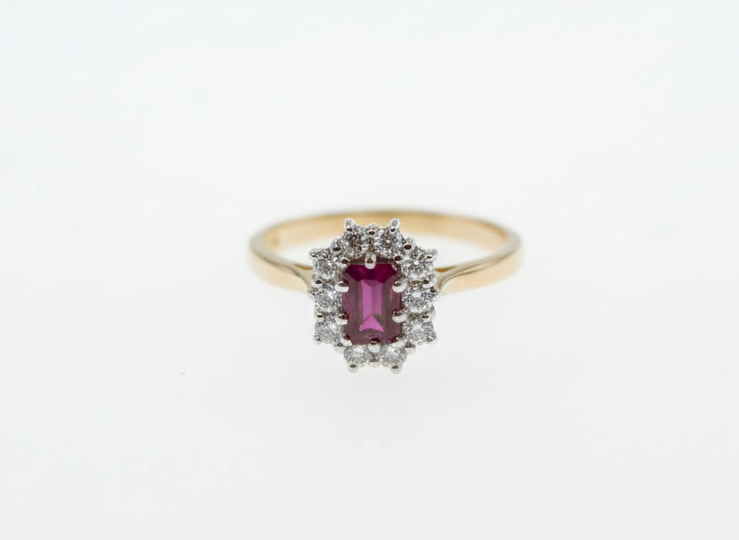 Ruby And Diamond Cluster Engagement Ring In 18 ct Yellow Gold