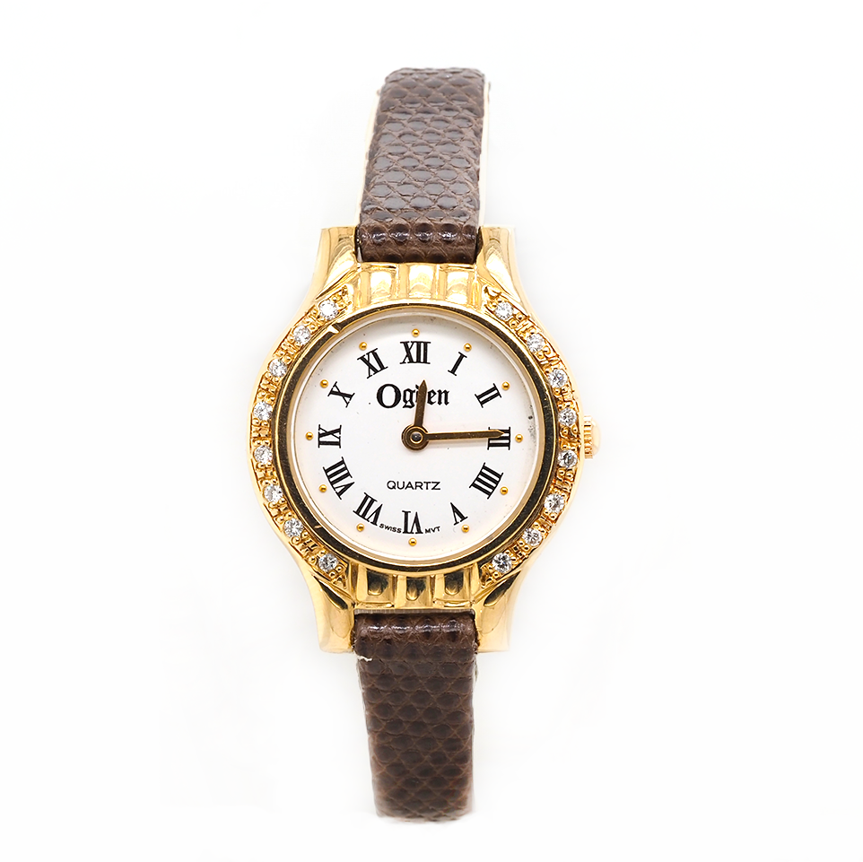 Ogden Yellow Gold Diamond-Set Cocktail Quartz Watch with brown leather strap, white dial