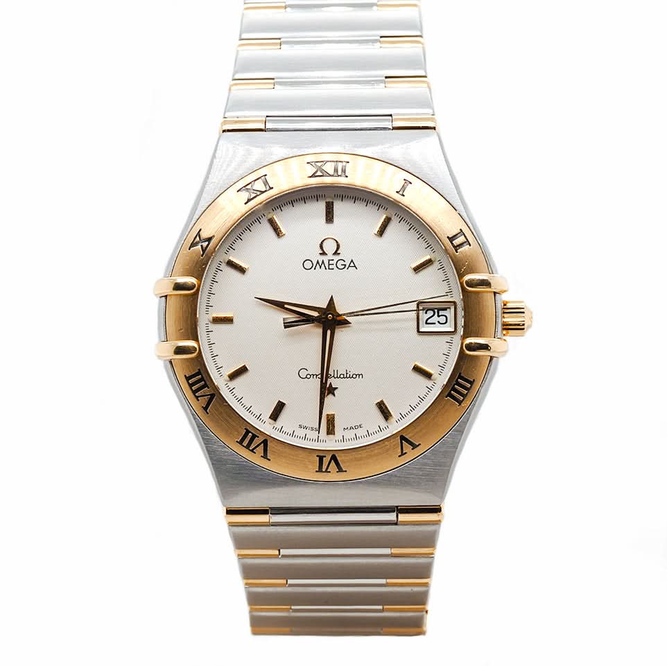Omega Yellow Gold and Stainless Steel Manhattan Constellation Quartz Watch with white dial and date window