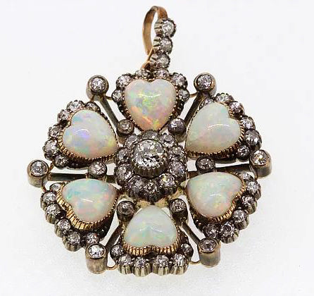 Antique Edwardian Opal Hearts and Diamond Brooch Pendant