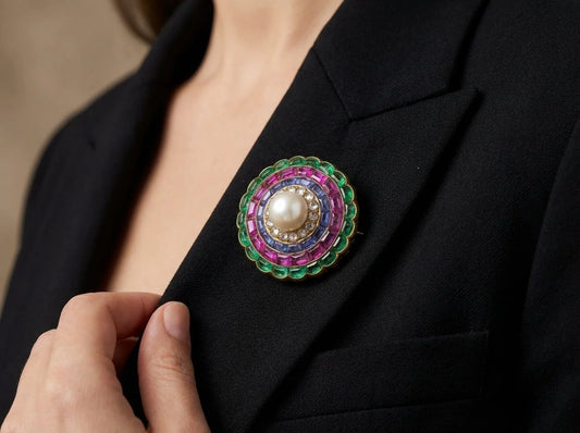 Antique 19th Century Gold Multi Gem And Natural Pearl Brooch