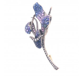 Shaded Sapphire and Diamond Orchid Flower Brooch, Silver and Gold