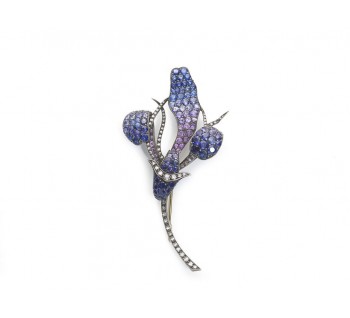 Shaded Sapphire and Diamond Orchid Flower Brooch, Silver and Gold