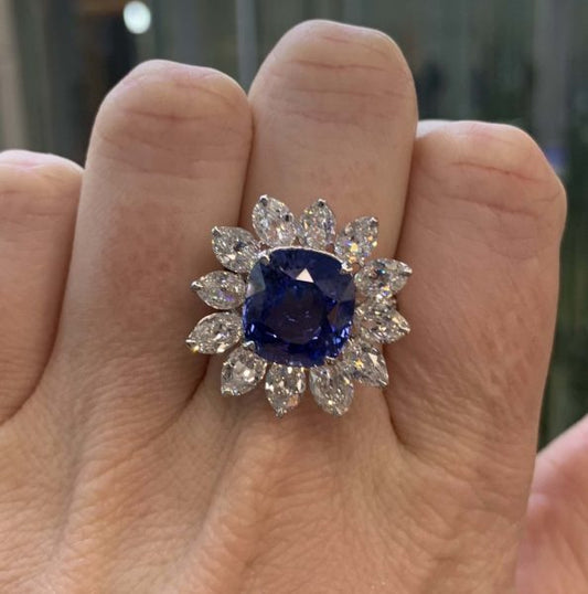Natural Sapphire and Diamond Cluster Ring, 14.32cts, GRS Certificate