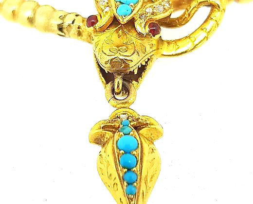 Antique Georgian Gold Turquoise Ruby and Diamond Snake Necklace