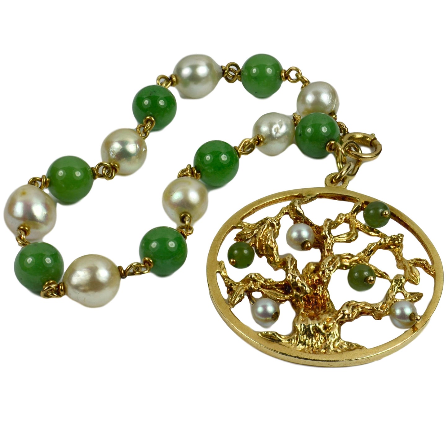 Pearl, Green Nephrite Jade and Yellow Gold Tree of Life Charm Bracelet