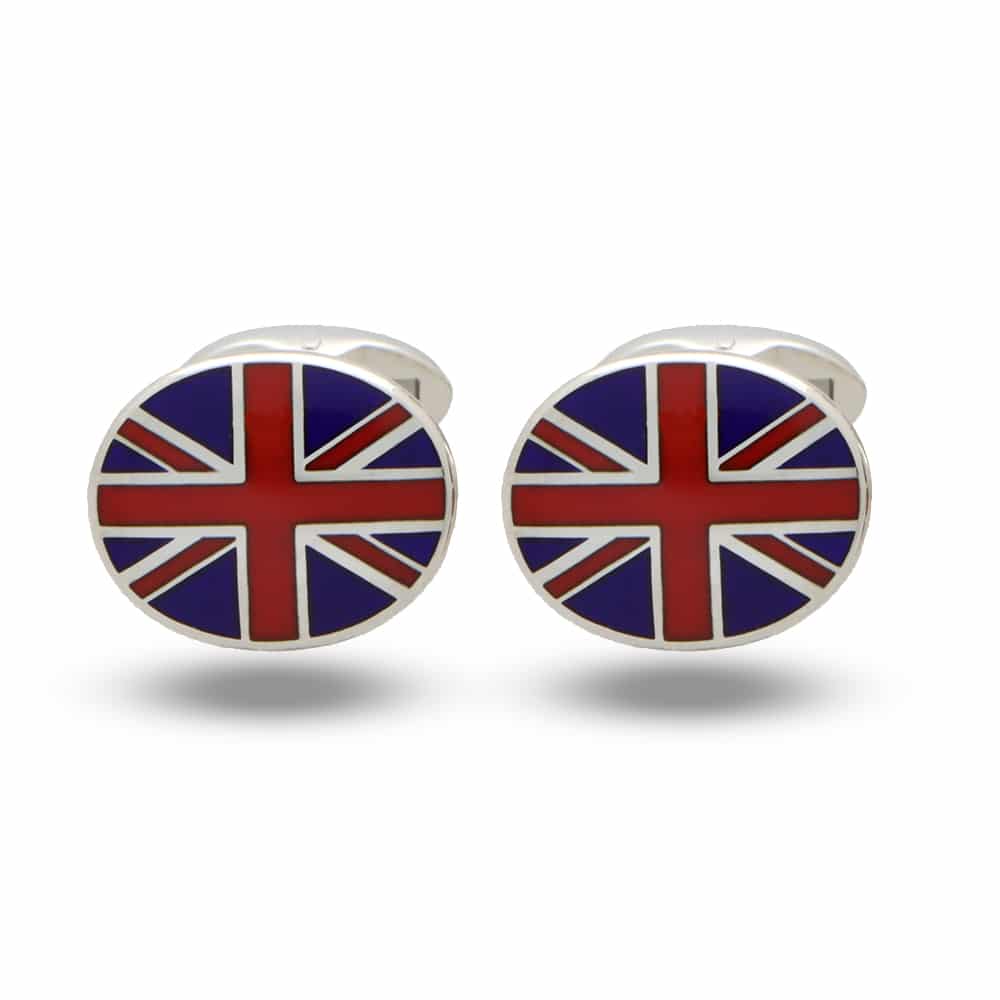 A pair of Union Jack enamelled cufflinks in silver on a white background