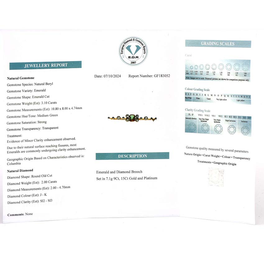 Antique Certified 3.10ct Colombian Emerald and 2ct Old Cut Diamond Brooch