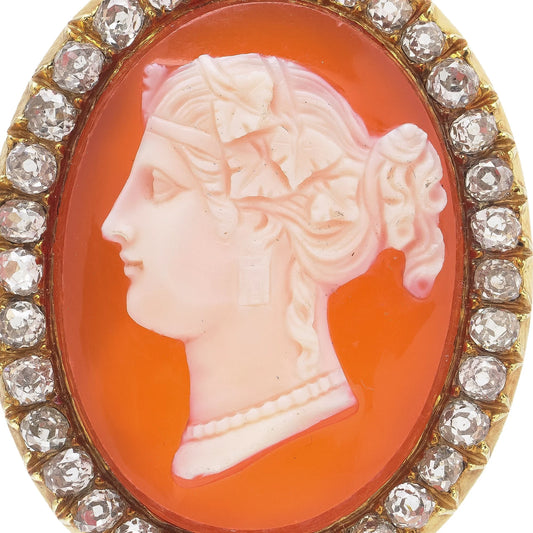 Victorian 18KT Gold Carnelian Shell Cameo and Old-Cut Diamond Brooch