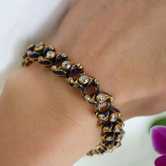 Victorian Antique Blue Enamel Diamond and Gold Expanding Bracelet, Circa 1850