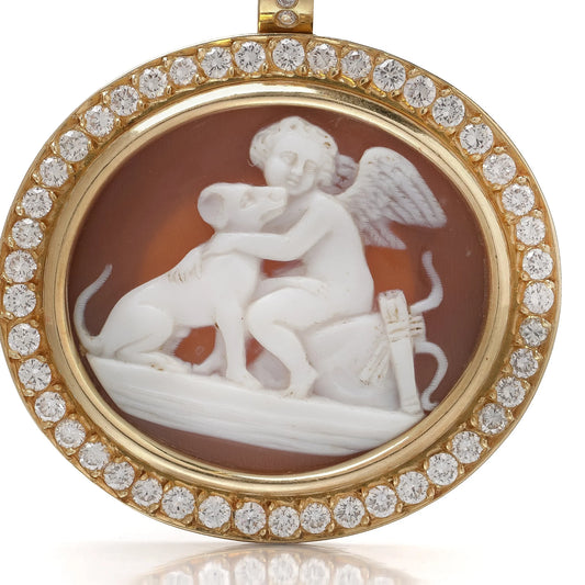 Victorian Shell Cameo Of Cupid And Hound in a Diamond-Set 18 ct Gold Pendant Brooch