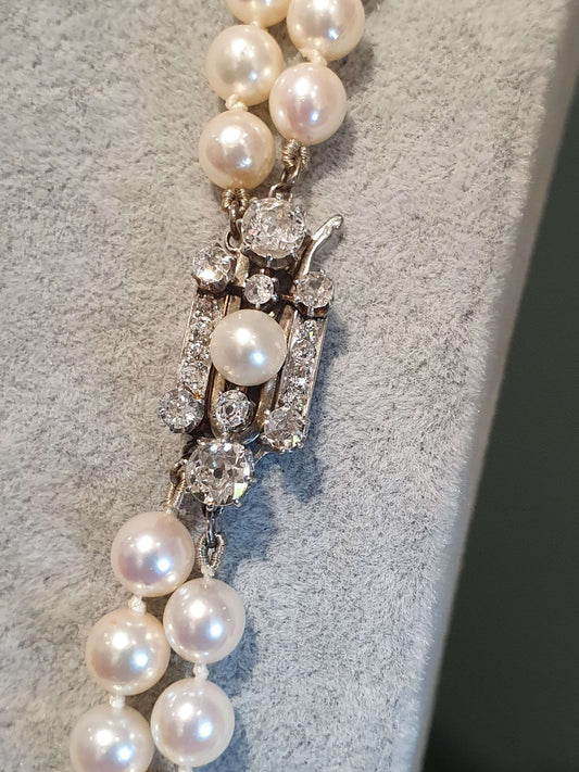 Vintage Akoya Pearl Double Row Necklace with Old Cut Diamond Clasp