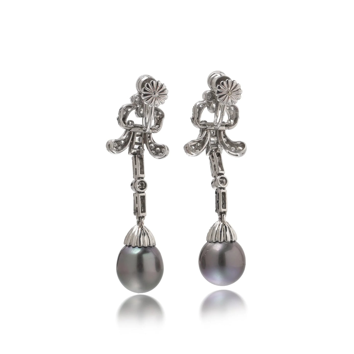 Vintage Platinum Diamond and Tahitian Pearl Articulated Drop Earrings
