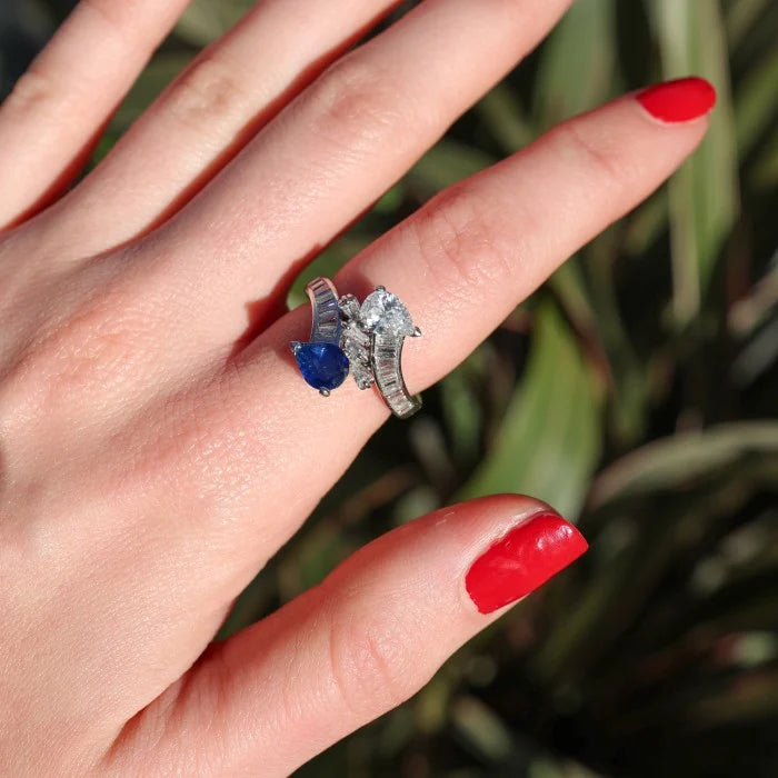 Vintage French Pear Cut Sapphire and Diamond Toi et Moi Crossover Ring
