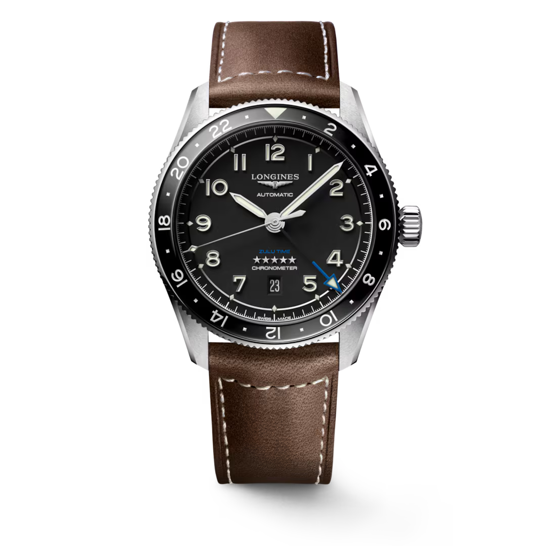 LONGINES SPIRIT ZULU TIME Automatic Date Watch L3.812.4.53.2 in stainless steel with a black dial on a brown leather strap