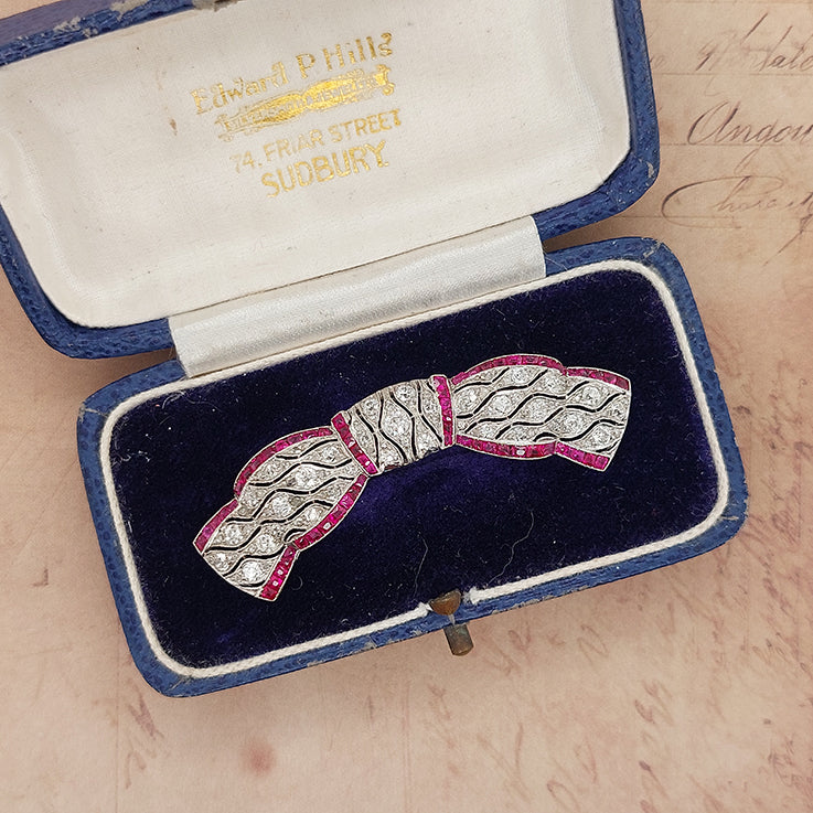Antique Edwardian 1.40ct Diamond and Ruby Bow Brooch