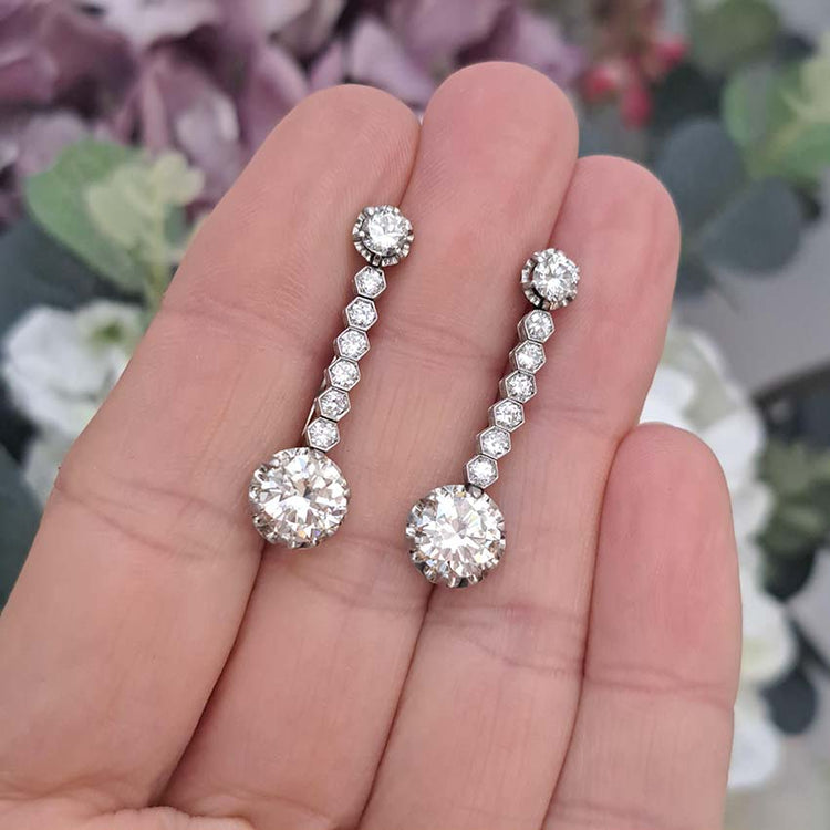 Art Deco Diamond Drop Earrings, 3.21 carats