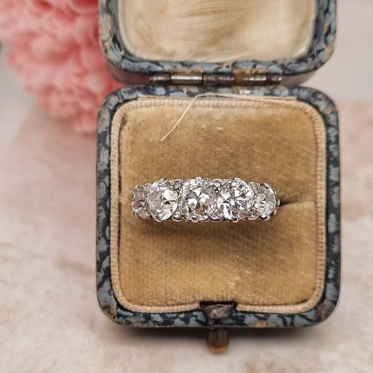 Antique 3ct Old Cut Diamond Five Stone Ring, half hoop ring set with 3 carats of old mine-cut diamonds in a hand-carved 18ct yellow gold mount
