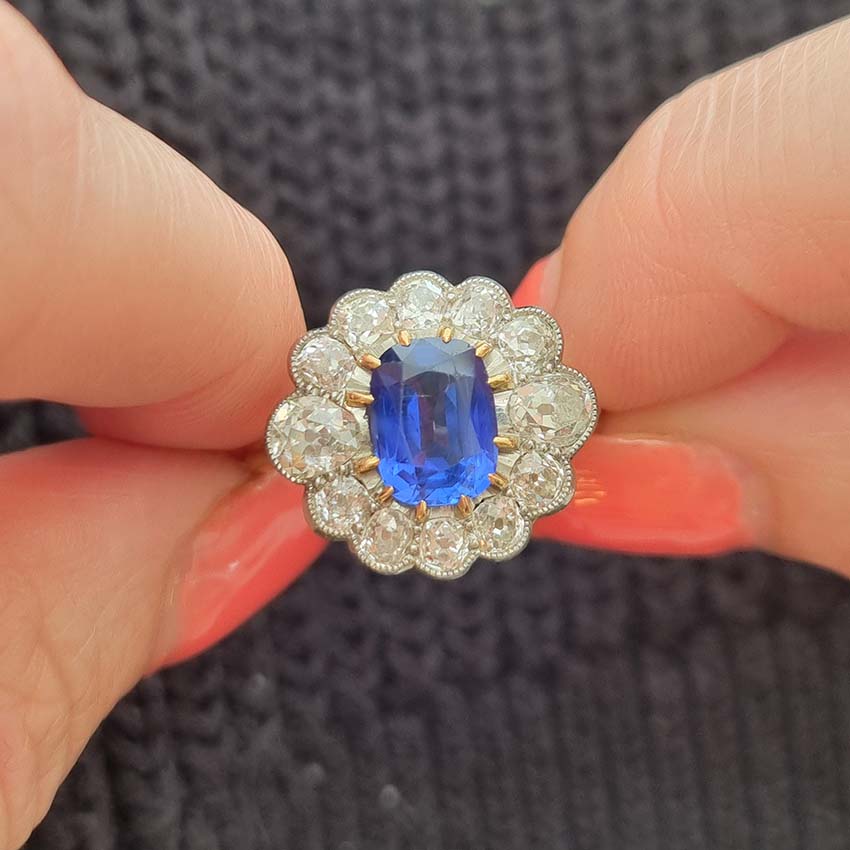 Vintage 2ct Natural No Heat Burma Sapphire and 2ct Diamond Cluster Engagement Ring in 18ct White Gold certified Burma origin no indication of heat treatment