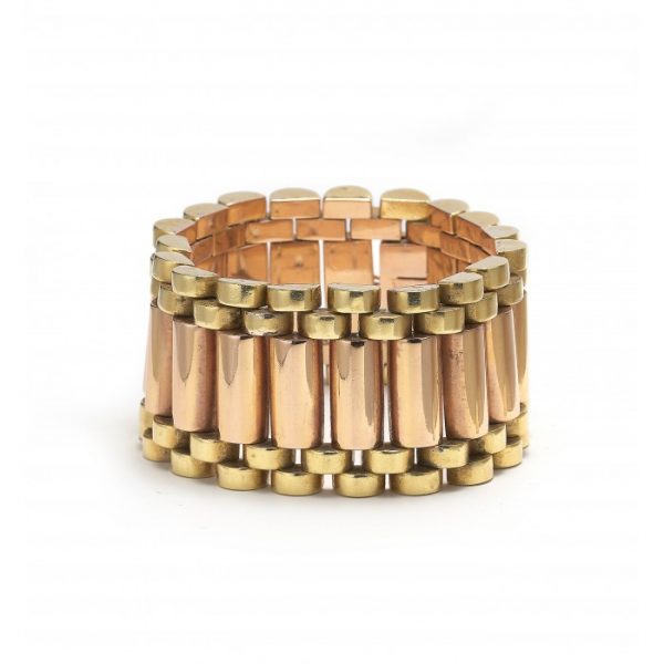 Vintage 1940s Two Tone 18ct Gold Bracelet; central row of 18ct rose gold cylindrical links flanked by 18ct yellow gold cylindrical brick-style links to either side