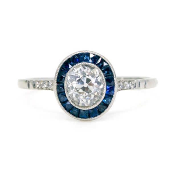 Art Deco Target Cluster Ring, sapphire and diamond in platinum