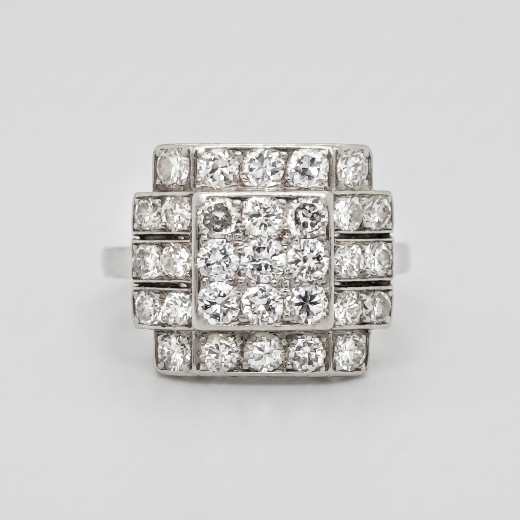 Art Deco Three Stone Diamond Cluster Panel Ring