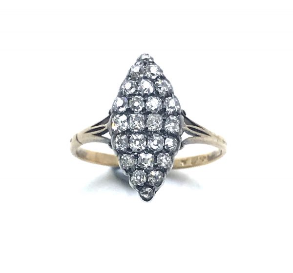 Antique ring, marquise navette shape, old mine cut diamond silver and gold victorian 1860-1880