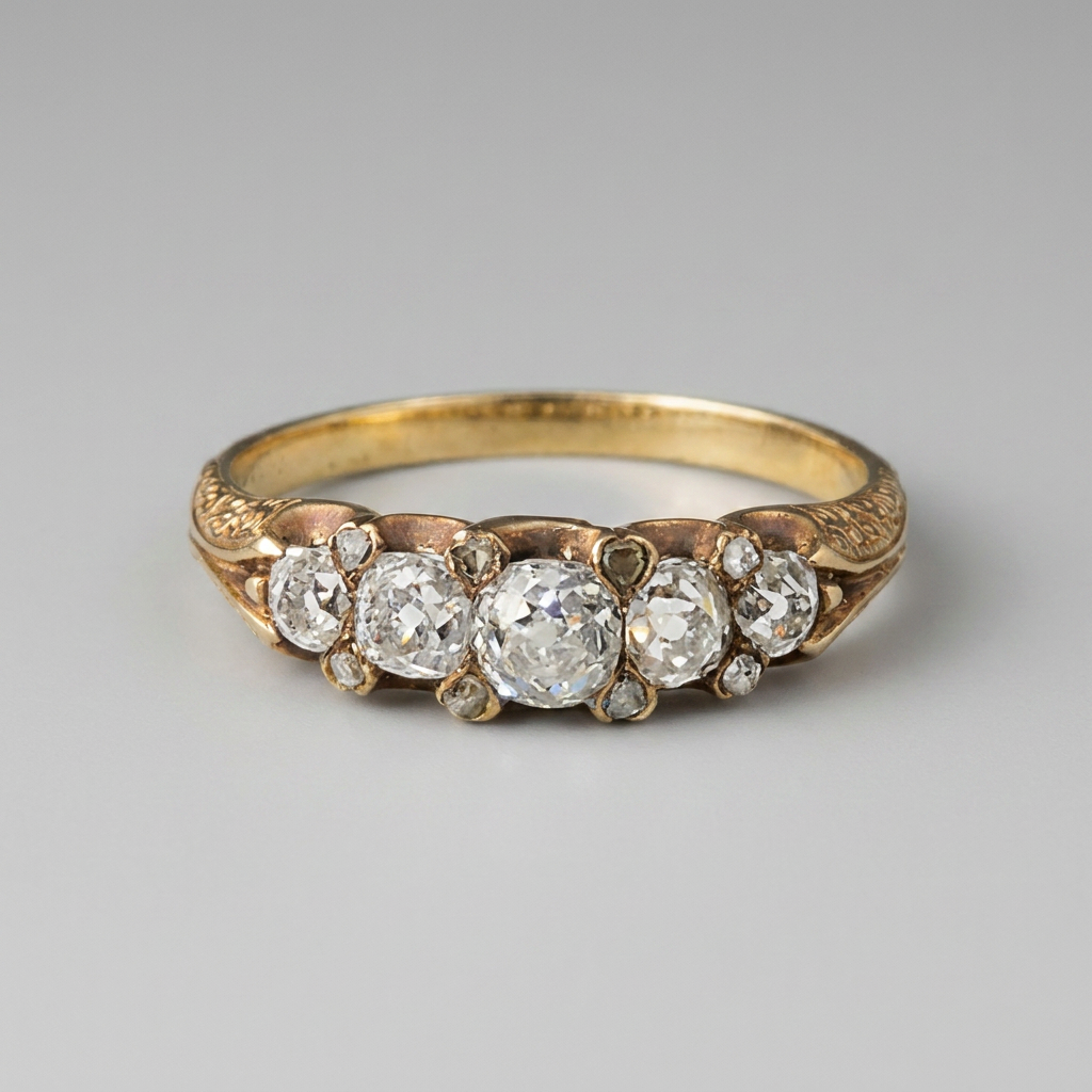Art Deco 18 Carat Gold And Platinum Old-Cut Diamond Five-Stone Engagement Ring (c. 1920's)