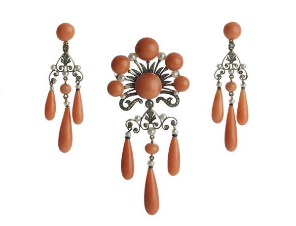 Antique French Coral and Diamond Brooch and Earrings