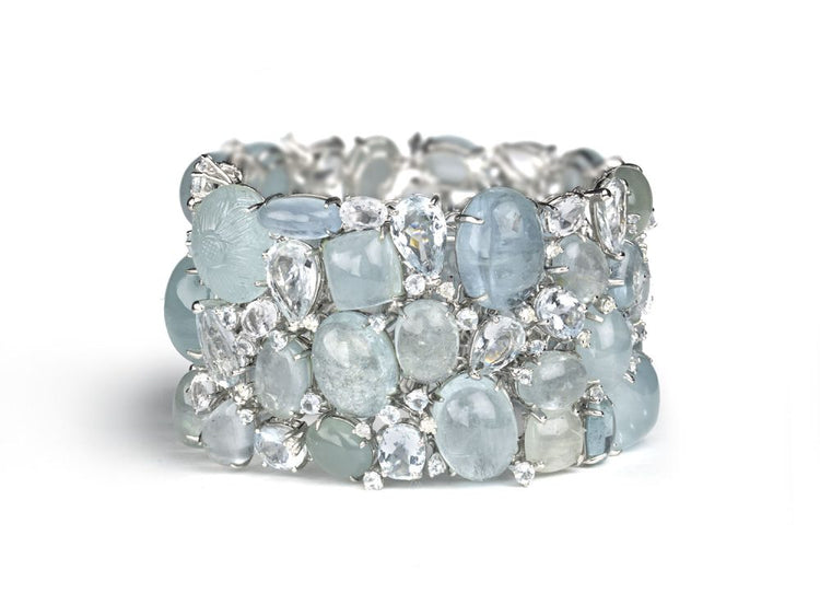 Aquamarine Cuff Bracelet wide in 18ct gold.
