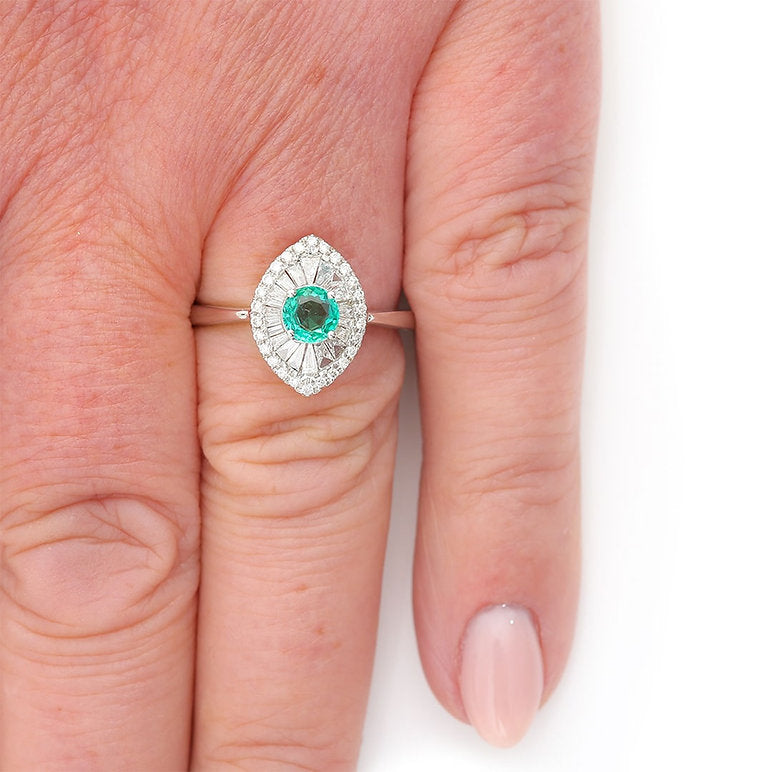 0.51ct Emerald and Diamond Navette Cluster Engagement Ring