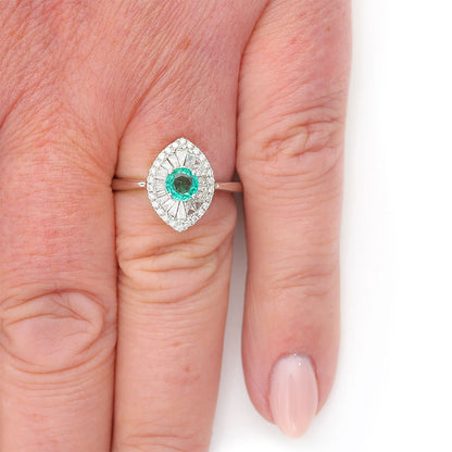 0.51ct Emerald and Diamond Navette Cluster Engagement Ring