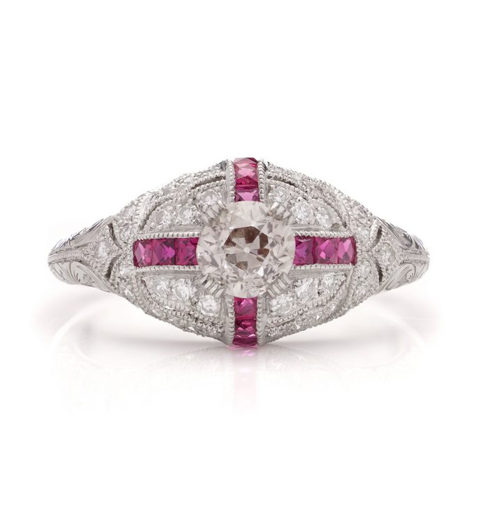 0.53ct Old European Cut Diamond and Ruby Cluster Ring