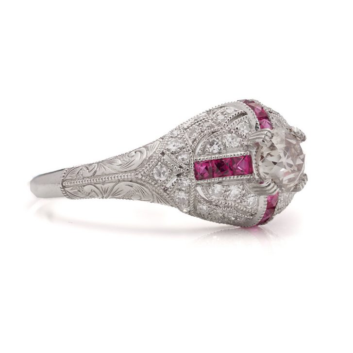 0.53ct Old European Cut Diamond and Ruby Cluster Ring