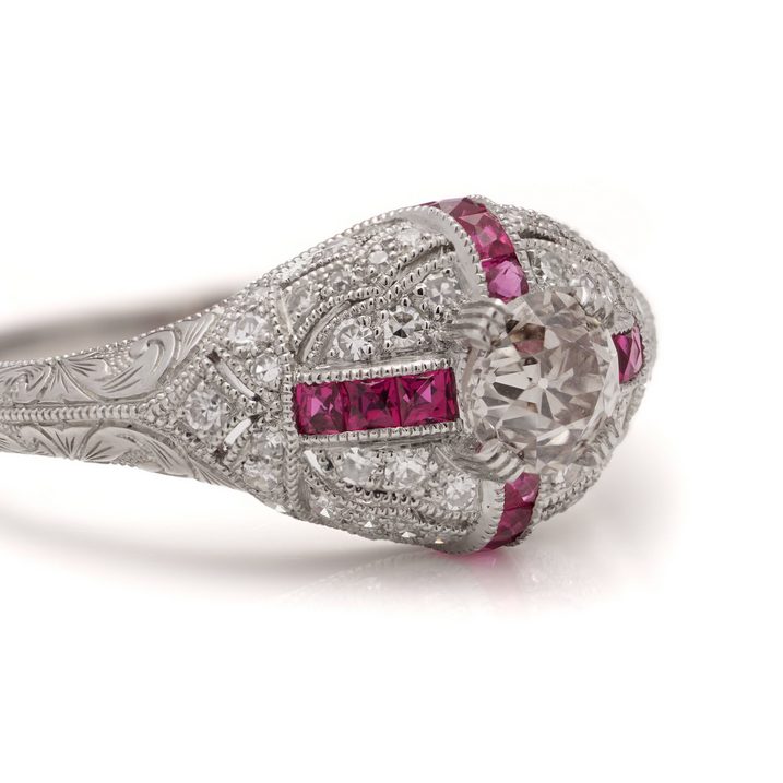 0.53ct Old European Cut Diamond and Ruby Cluster Ring