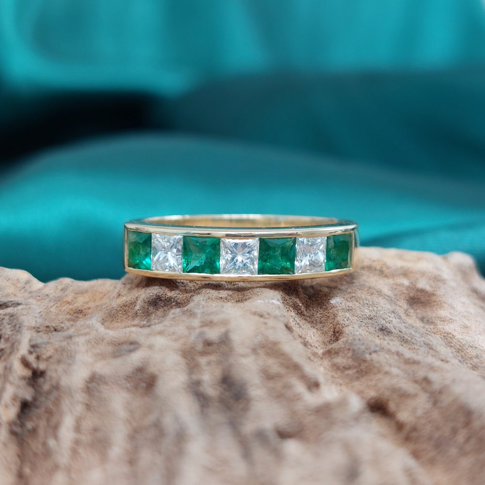 Seven Stone Emerald and Diamond Half Eternity Band Ring