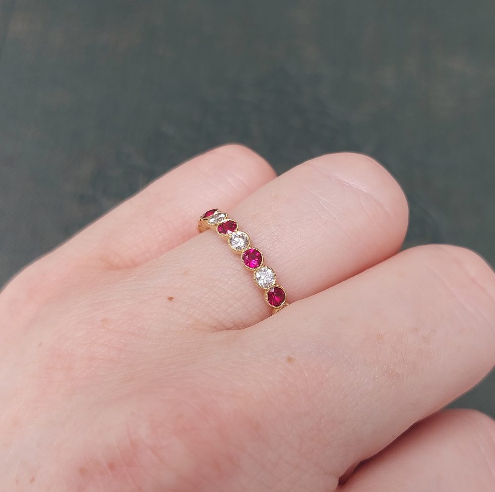 Eleven Stone Ruby and Diamond Millegrain Set Eternity Ring