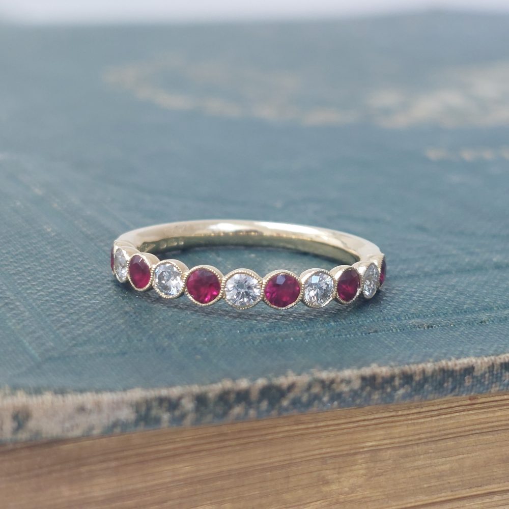 Eleven Stone Ruby and Diamond Millegrain Set Eternity Ring