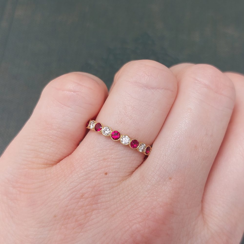 Eleven Stone Ruby and Diamond Millegrain Set Eternity Ring