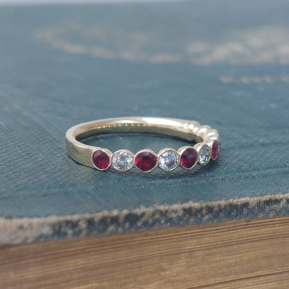 Eleven Stone Ruby and Diamond Millegrain Set Eternity Ring