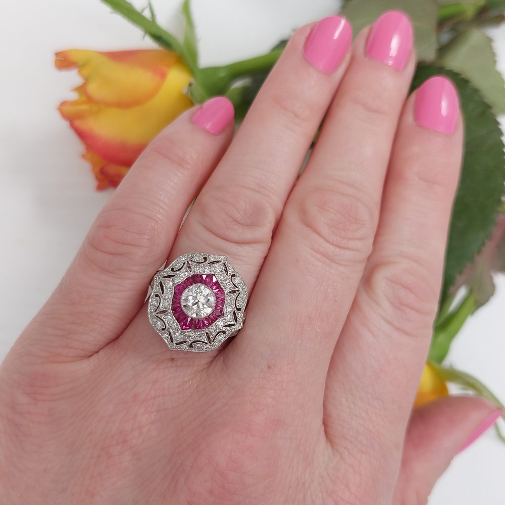 0.70ct Old European Cut Diamond and Ruby Ring