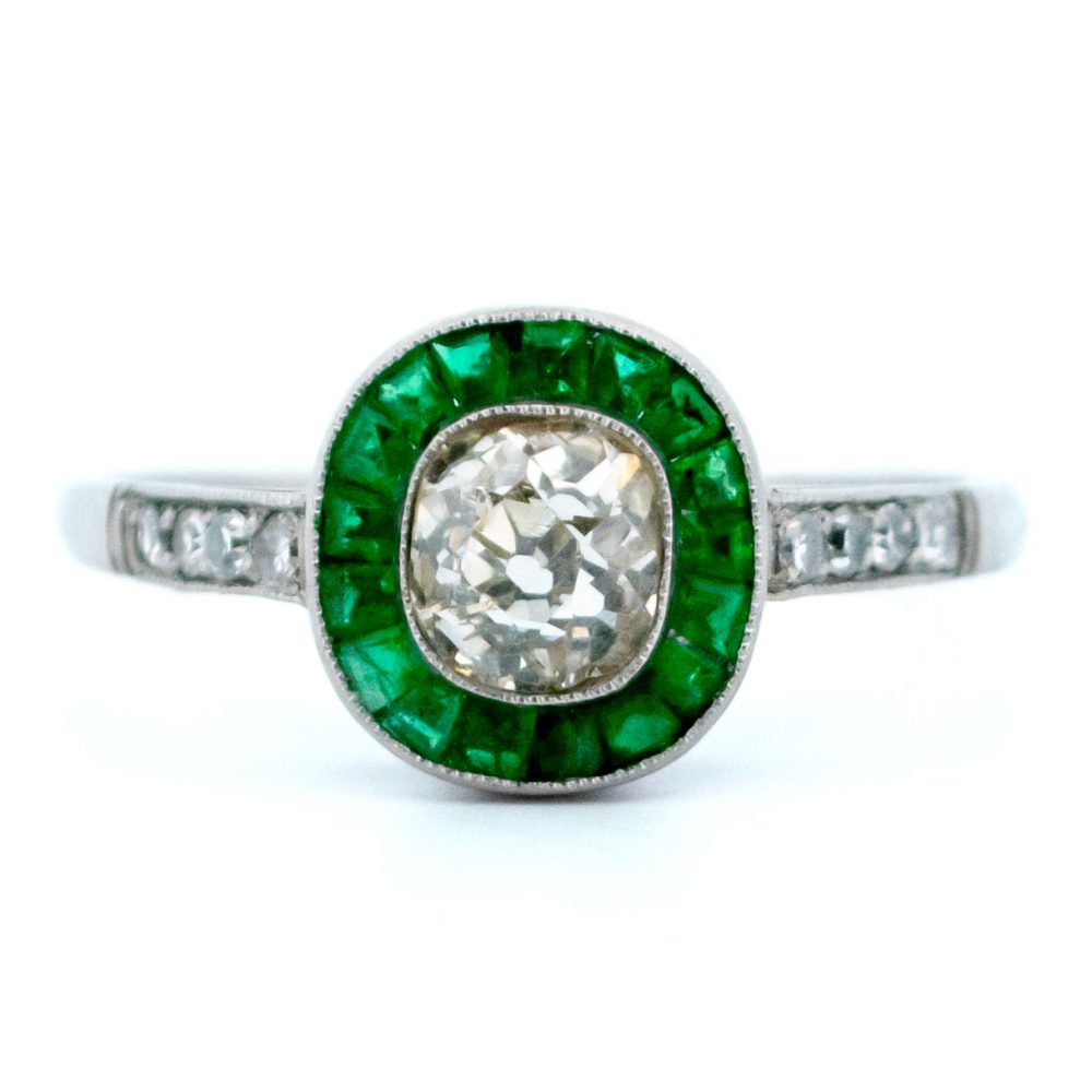 0.70ct Old Mine Cut Diamond and Emerald Target Ring