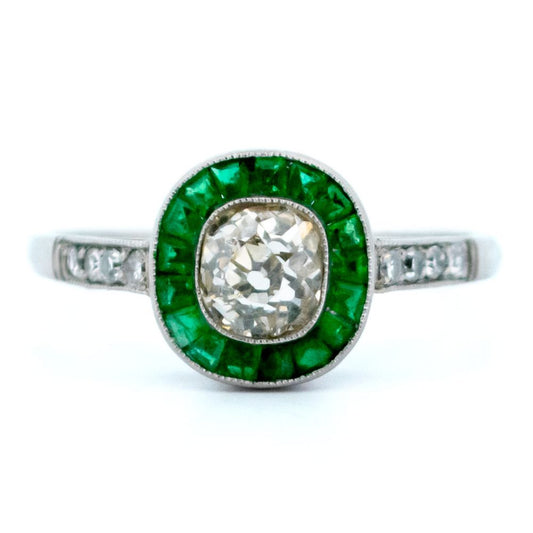 0.70ct Old Mine Cut Diamond and Emerald Target Ring