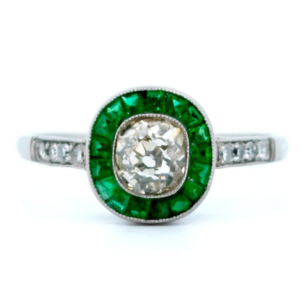 0.70ct Old Mine Cut Diamond and Emerald Target Ring