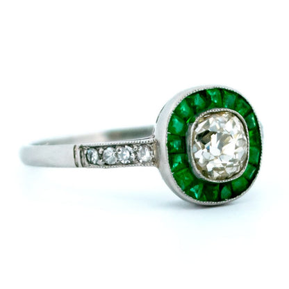 0.70ct Old Mine Cut Diamond and Emerald Target Ring