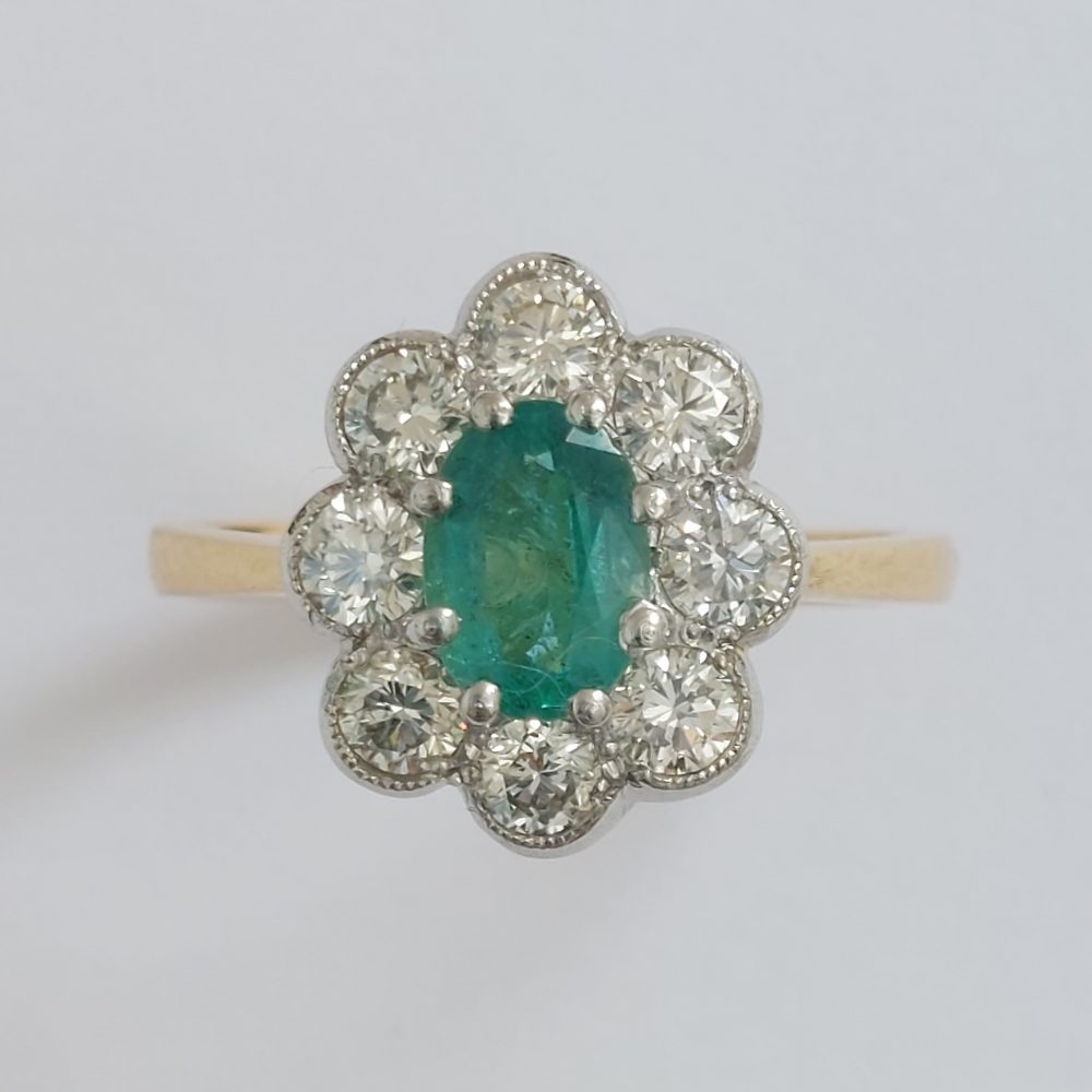 0.80ct Emerald and Diamond Floral Cluster Ring