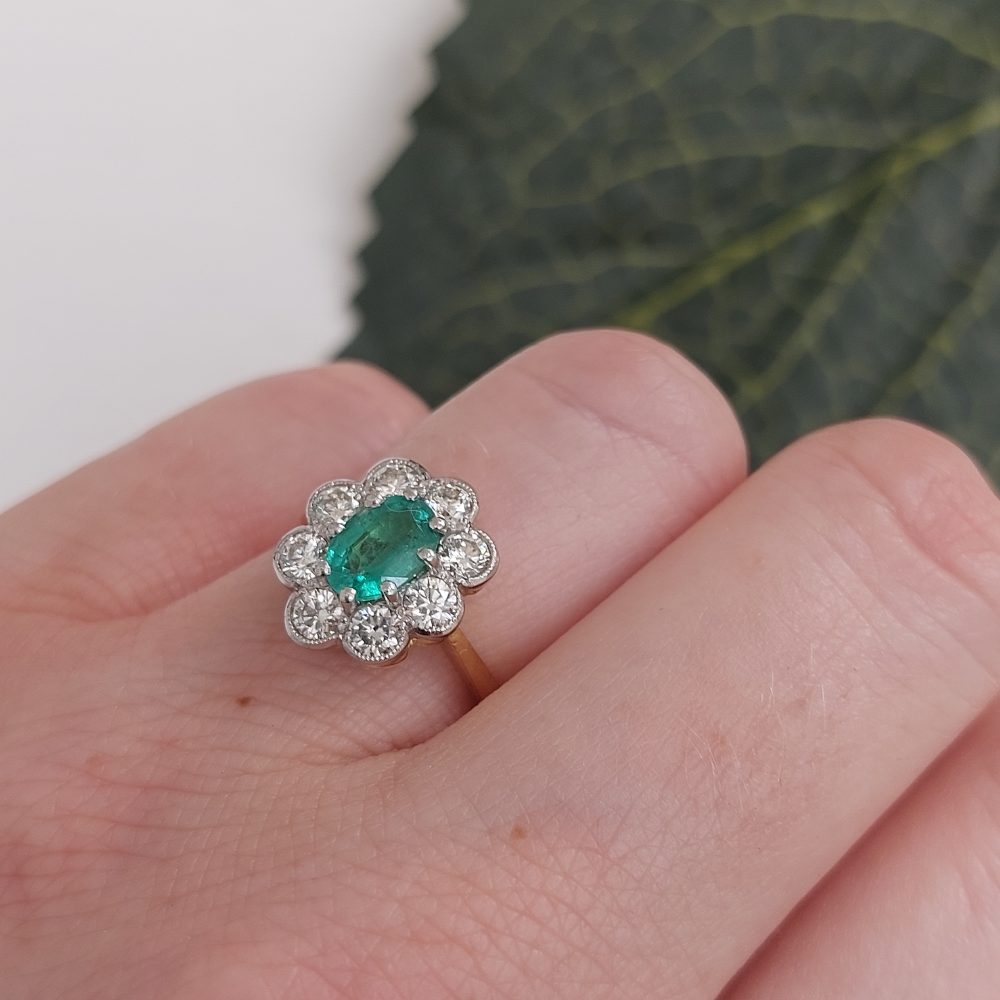 0.80ct Emerald and Diamond Floral Cluster Ring
