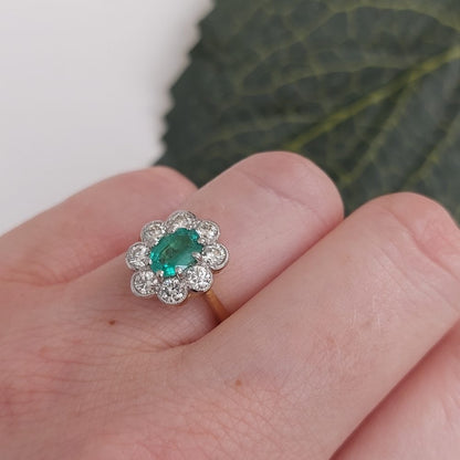 0.80ct Emerald and Diamond Floral Cluster Ring